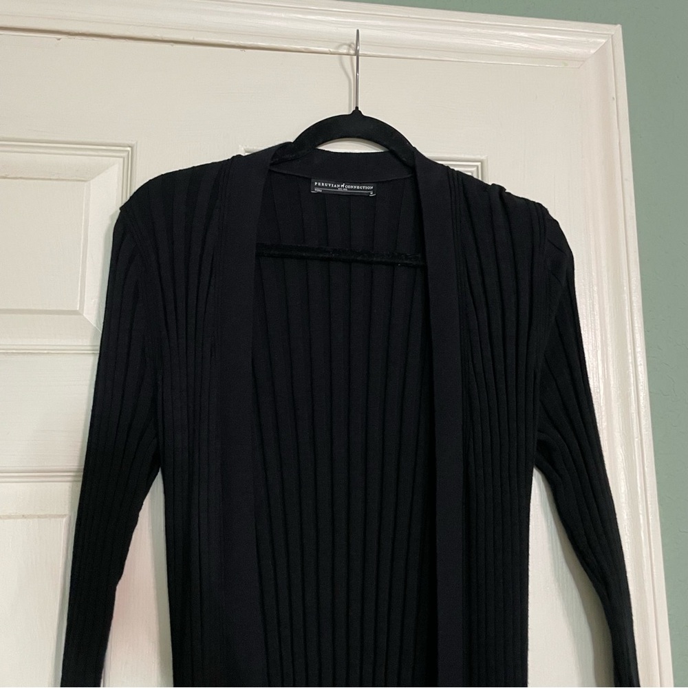 Peruvian Connection Aurelie Ribbed Open Front Duster Cardigan Minimalist Black M